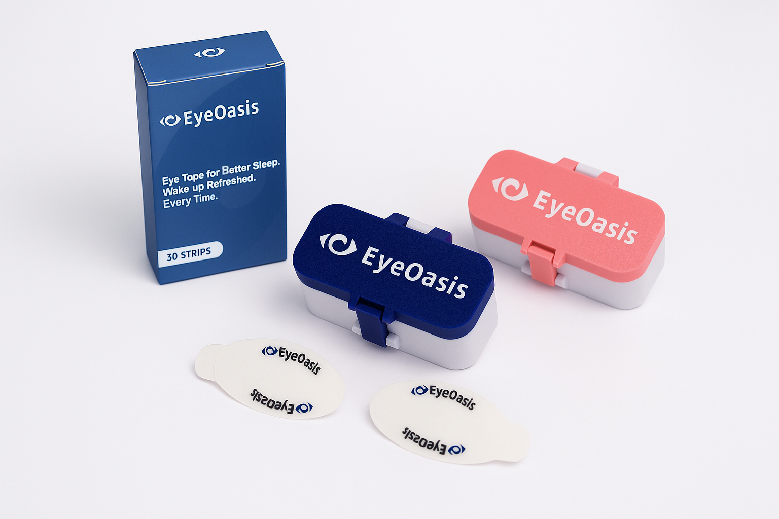 Dry eye relief tape for sleeping with product packaging, individual silicone strips, and optional protective containers displayed on a clean background.